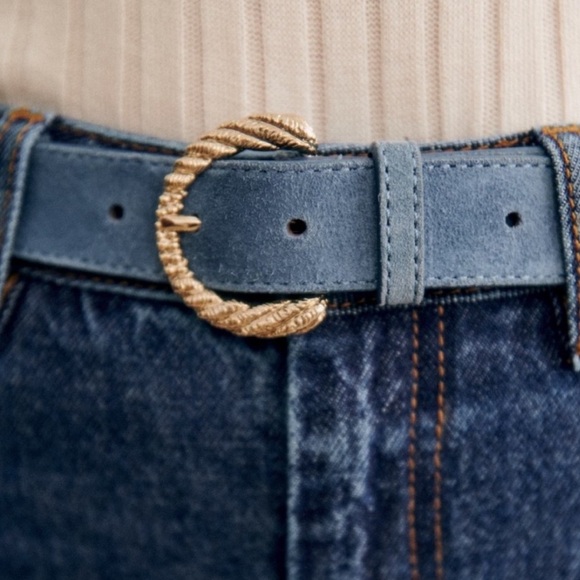 Sezane Thelma Suede Belt Round Buckle Statement Leather Denim Blue Gold 75 cm main image 7
